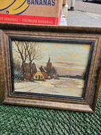 Oude schilderij Winterlandschap met Kerk olieverf op hout, Antiek en Kunst, Ophalen of Verzenden