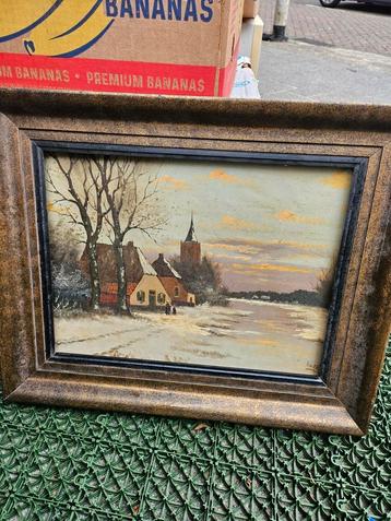 Oude schilderij Winterlandschap met Kerk olieverf op hout beschikbaar voor biedingen