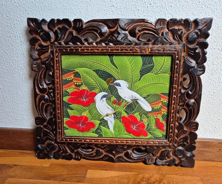 Bali schilderij met Bali spreeuwen - Handgeschilderd, Antiek en Kunst, Kunst | Niet-Westerse kunst, Ophalen of Verzenden