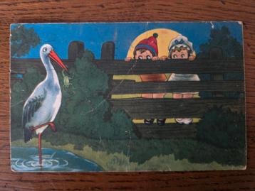 Kindjes gluren naar ooievaar met kikker, maan, 1925 beschikbaar voor biedingen