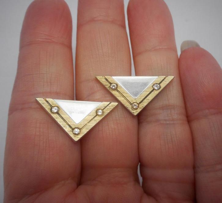 Zilveren bicolor design manchetknopen met steentjes nr.1990, Sieraden, Tassen en Uiterlijk, Manchetknopen, Zo goed als nieuw, Zilver