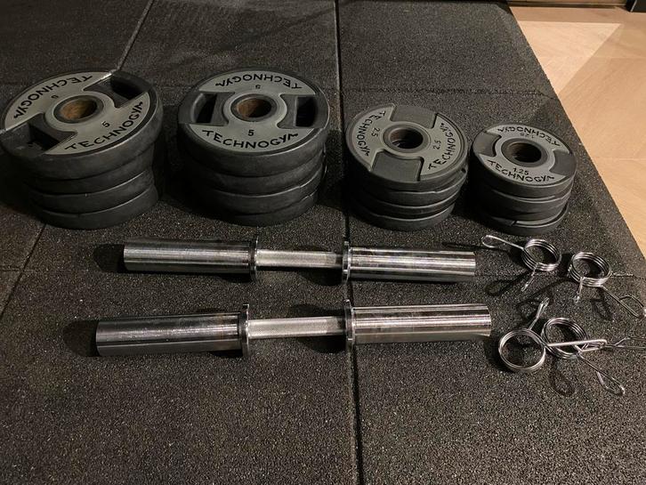 Loadable olympische dumbells en 55kg schijven, Sport en Fitness, Fitnessmaterialen, Gebruikt, Halterset, Armen, Ophalen
