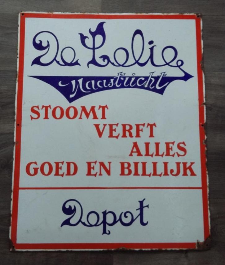 Om 1925 Groot Emaille Bord Stoomwasserij De Lelie Maastricht, Antiek en Kunst, Antiek | Emaille, Ophalen of Verzenden