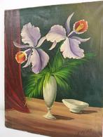 Stilleven: orchideeen op een vaas-Olieverf opdoek gesigneerd, Antiek en Kunst, Verzenden
