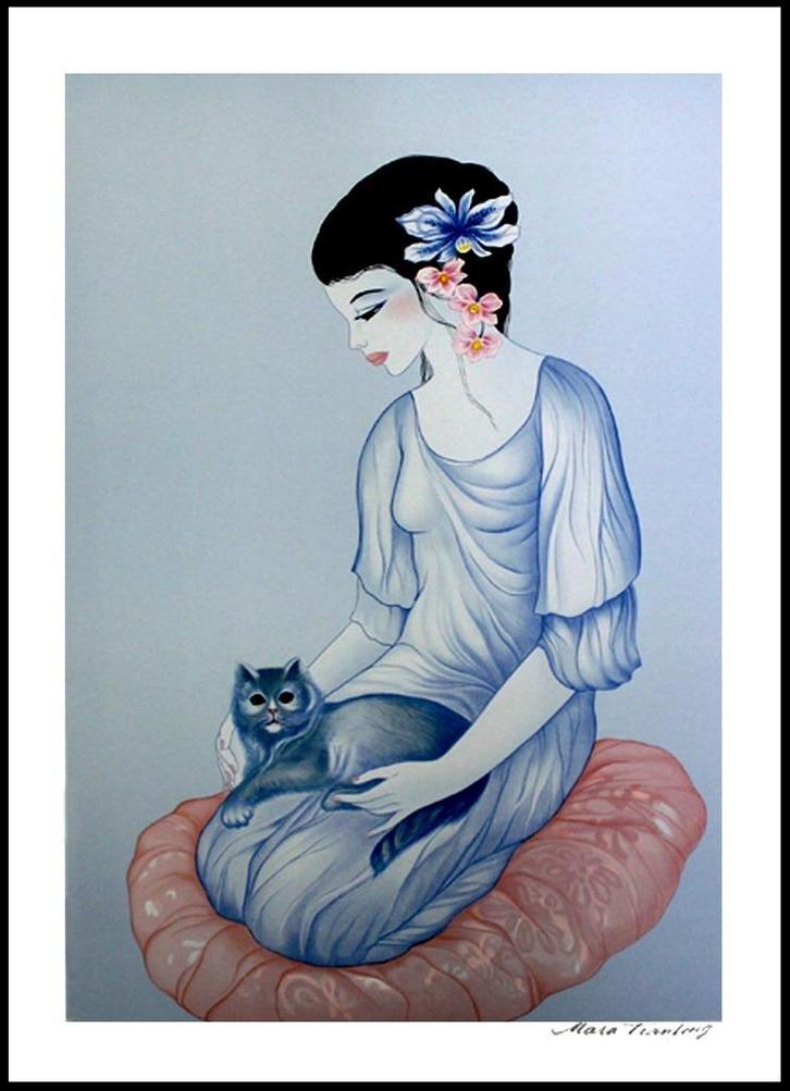 # MARA TRAN LONG # Elegante Oosterse Vrouw met Poes #, Antiek en Kunst, Kunst | Schilderijen | Modern, Ophalen of Verzenden