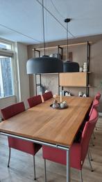Bert Plantagie design eiken eettafel met 6 leren stoelen, Ophalen, Gebruikt, 200 cm of meer, 50 tot 100 cm