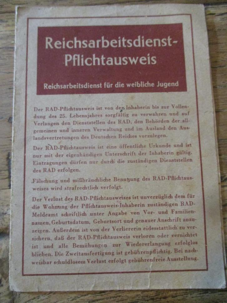 3e Rijk - Ausweis weibliche Reichsarbeitsdient 1944, Verzamelen, Militaria | Tweede Wereldoorlog, Landmacht, Overige typen, Duitsland