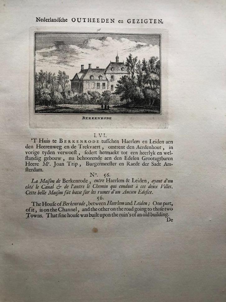 056 / Berkenrode bij Haarlem Kopergravure 1731, Antiek en Kunst, Kunst | Etsen en Gravures, Ophalen of Verzenden