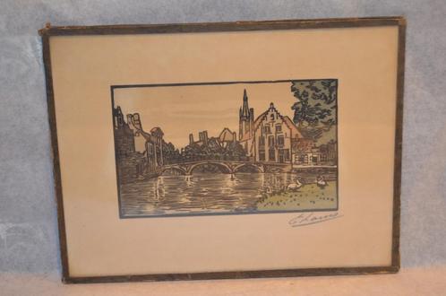 4 Etsjes gesign. ' E. Laun ' (?) dorps / stadsgezichten, Antiek en Kunst, Kunst | Etsen en Gravures, Ophalen of Verzenden