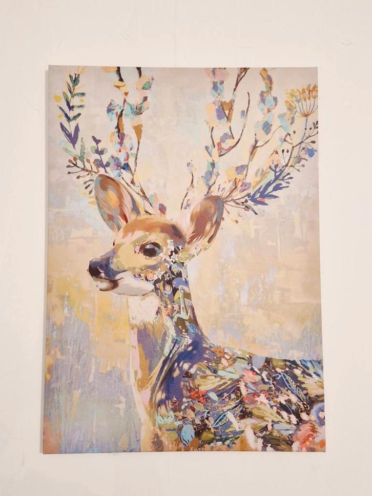 Schilderij op canvas - Hert met bloemen, Antiek en Kunst, Kunst | Litho's en Zeefdrukken, Ophalen of Verzenden