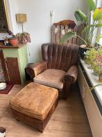 Vintage leren fauteuil met bijpassende hocker, Ophalen, Gebruikt, Leer