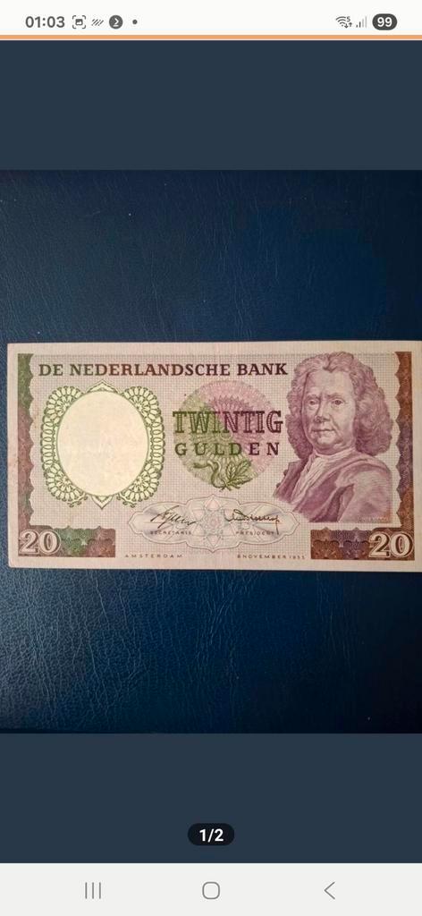 20 Gulden 1955 in een bijzonder mooie kwaliteit. Zeldzaam., Postzegels en Munten, Bankbiljetten | Nederland, Los biljet, Ophalen of Verzenden
