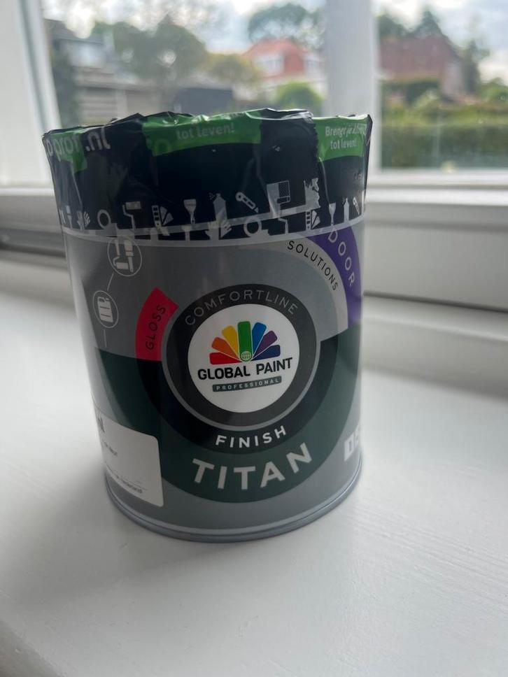 Global Paint Buitenlak wit RAL9010 hoogglans 1 ltr ongeopend, Doe-het-zelf en Verbouw, Verf, Beits en Lak, Nieuw, Lak, Minder dan 5 liter