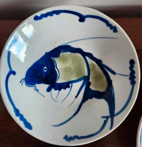 Chinees Porselein Koikarper Borden Set in blauw en groen '40, Antiek en Kunst, Antiek | Keramiek en Aardewerk, Ophalen of Verzenden