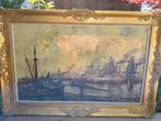 Prachtig olieverf schilderij. Havengezicht. Wim Bos.  60x100, Antiek en Kunst, Kunst | Schilderijen | Klassiek, Ophalen