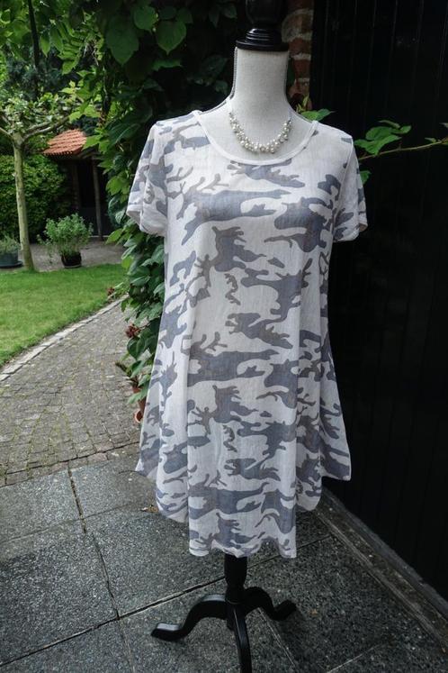 bruin grijs beige camouflage gaas jurk (transparant) mt L, Kleding | Dames, Jurken, Zo goed als nieuw, Maat 42/44 (L), Beige, Ophalen of Verzenden