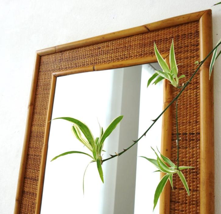 Vintage bamboe wandspiegel Dal Vera XL rotan spiegel 70s, Huis en Inrichting, Woonaccessoires | Spiegels, Gebruikt, 50 tot 75 cm