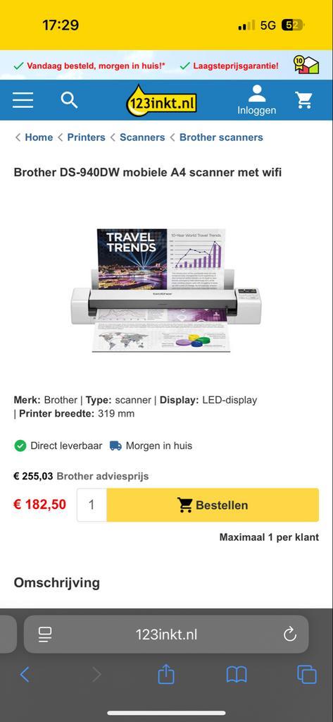 Brother DS-940DW Mobiele A4 Scanner met Wifi, Computers en Software, Scanners, Nieuw, Mobiele scanner, MacOS, Ingebouwde Wi-Fi