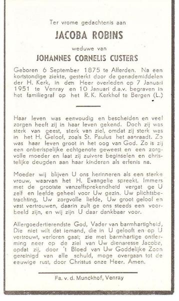 Afferden 1875 - Venray 1951 Jacoba Robins beschikbaar voor biedingen