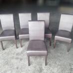 Set van 5 eetkamerstoelen – bruin leder(look) met charme!, Ophalen, Gebruikt, Bruin, Hout