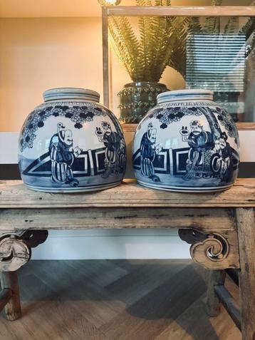 2 chinese deksevazen gemberpot delfts blauw vaas kaststel beschikbaar voor biedingen