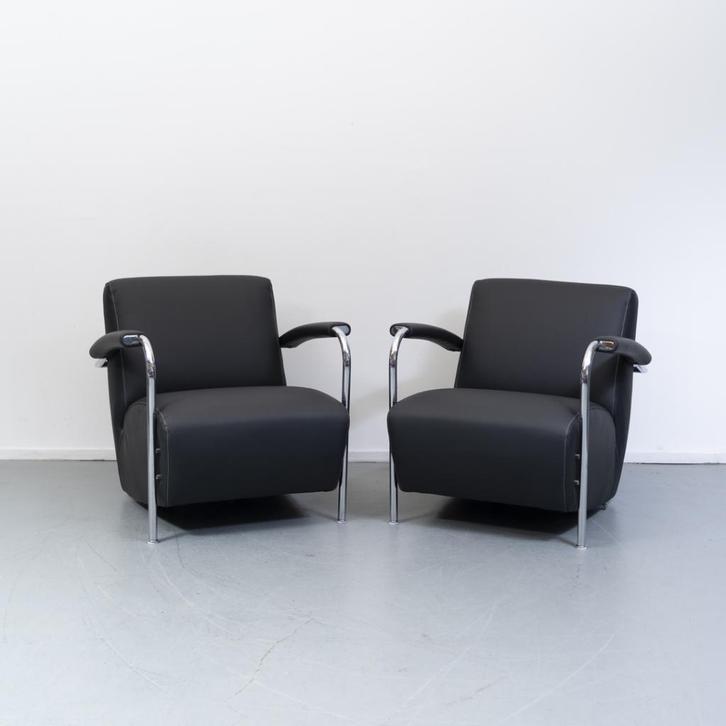 2x Leolux Scylla fauteuils zwart leder - chromen buisframe, Huis en Inrichting, Fauteuils, Zo goed als nieuw, Leer, Ophalen of Verzenden