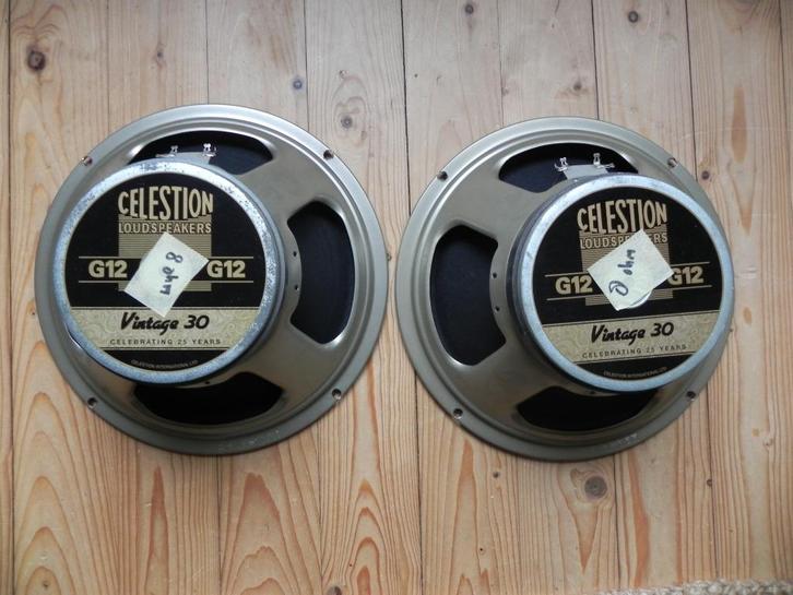 2x Celestion Vintage 30 V30 8 ohm. 12", Audio, Tv en Foto, Luidsprekers, Gebruikt, Front, Rear of Stereo speakers, Minder dan 60 watt