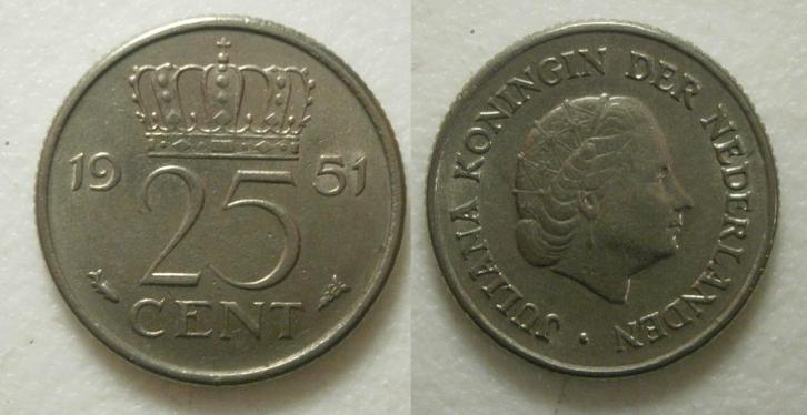 PD02571 Juliana 25 cent 1951, Postzegels en Munten, Munten | Nederland, Losse munt, 25 cent, Koningin Juliana, Ophalen of Verzenden