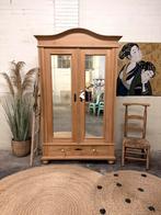 Geloogd grenen linnenkast spiegelkast hout vintage antieke, Ophalen, Gebruikt, 100 tot 150 cm, 200 cm of meer
