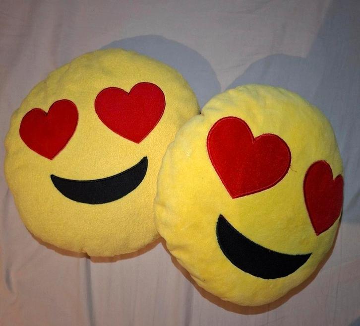 Dubbele liefde! Set van 2  kussen., Huis en Inrichting, Woonaccessoires | Kussens, Zo goed als nieuw, Geel, Rond, Ophalen of Verzenden