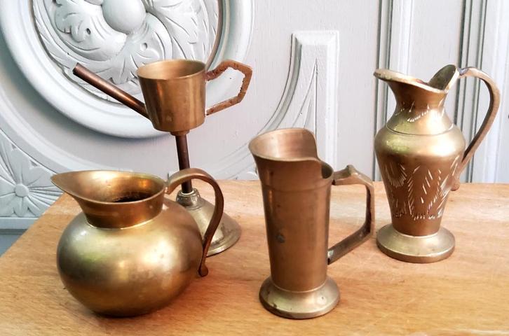 4 antieke messing miniatuurtjes, Antiek en Kunst, Antiek | Servies compleet, Ophalen of Verzenden