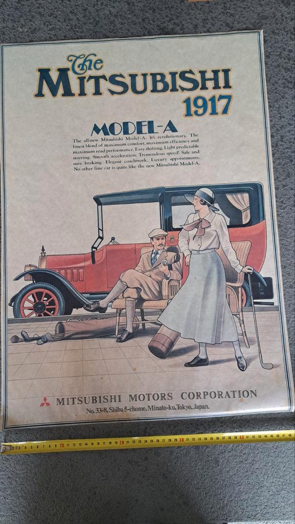 Retro Mitsubishi motors model A 1917 auto poster 70 x 50 cm, Verzamelen, Posters, Gebruikt, Reclame, A1 t/m A3, Rechthoekig Staand