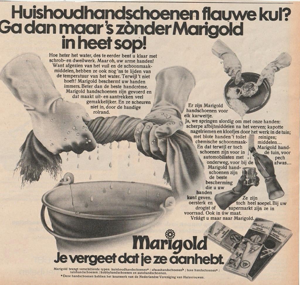 Retro reclame 1975 Marigold keuken handschoenen, Verzenden, Overige typen