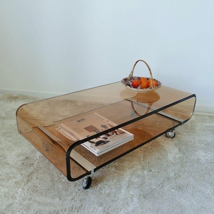 Glazen salontafel op wieltjes Michel Dumas for Roche Bobois, Ophalen, Gebruikt, 100 tot 150 cm, 50 tot 100 cm