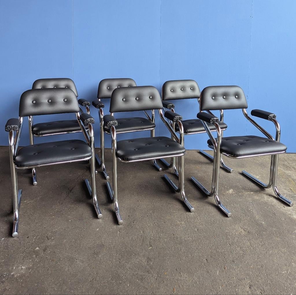 Set 6 vintage chrome & leather chairs Jerry Johnson, Zwart, Zo goed als nieuw, Vijf, Zes of meer stoelen, Leer