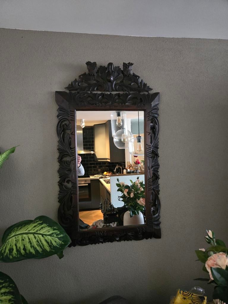 Antieke Barok spiegel met houtsnijwerk, Ophalen of Verzenden, Rechthoekig, 50 tot 100 cm, 100 tot 150 cm