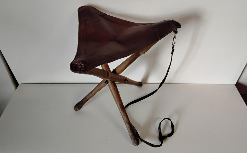 Vintage opvouwbaar jagerskrukje, Bruin, Leer, Ophalen of Verzenden, Nvt