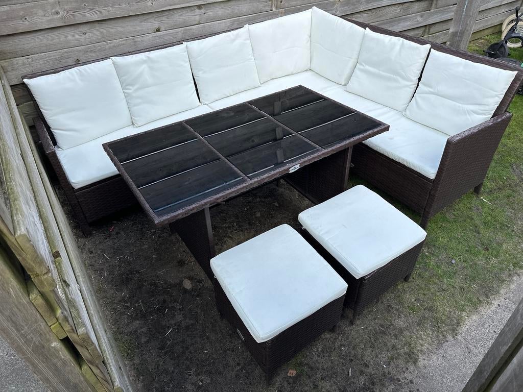 VidaXL loungeset met hoekbank, tafel en twee krukjes, Tuin en Terras, Ophalen, Gebruikt, 6 zitplaatsen, Loungeset