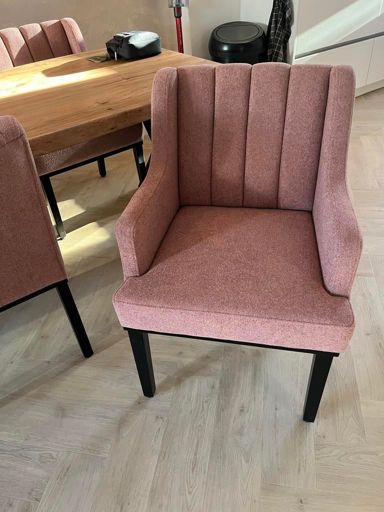 Bruuts eettafel 240 x 100 cm met roze bouclé stoelen, Ophalen, Gebruikt, 100 tot 150 cm, 200 cm of meer