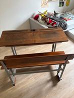 Vintage houten schoolbankje met metalen onderstel, Antiek en Kunst, Ophalen