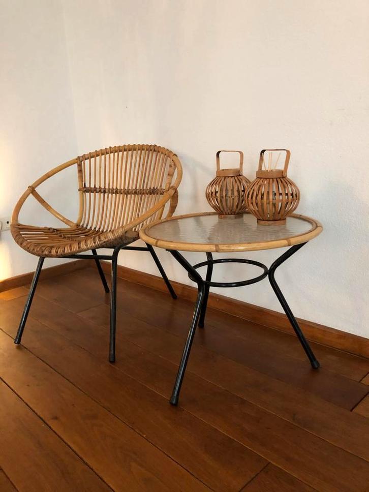 Vintage Rohe Noordwolde Rotan Stoel en Tafeltje, Huis en Inrichting, Stoelen, Gebruikt, Eén, Riet of Rotan, Bruin, Ophalen of Verzenden