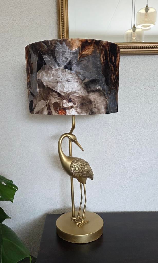 Gouden kraanvogel lamp met kap, Huis en Inrichting, Lampen | Tafellampen, Ophalen, Zo goed als nieuw, Minder dan 50 cm