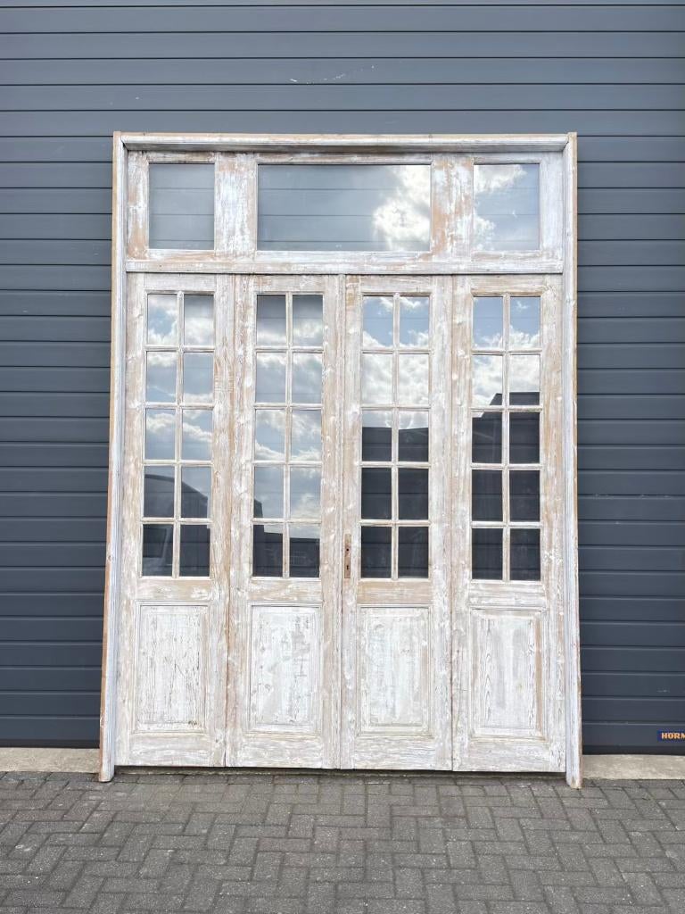 Antieke 4-slag oranjerie deuren met bovenlicht en patina, Ophalen of Verzenden, Gebruikt