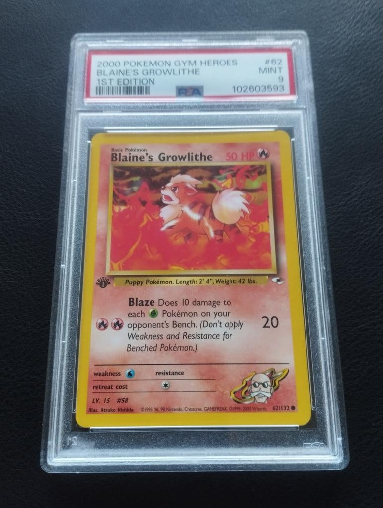Blaine's growlithe Pokemon kaart Gym heroes PSA9 first editi, Ophalen of Verzenden, Zo goed als nieuw