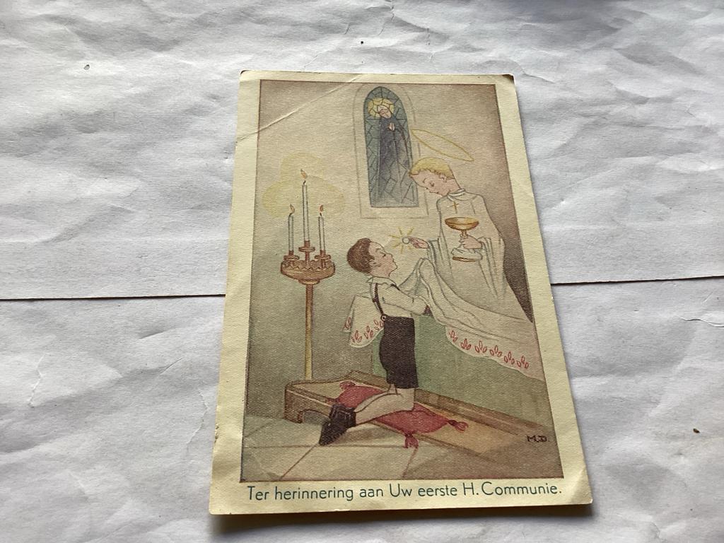 Oude Ansichtkaart Eerste Heilige Communie Engel, Verzamelen, Ophalen of Verzenden, Voor 1920, Gelopen, Overige thema's