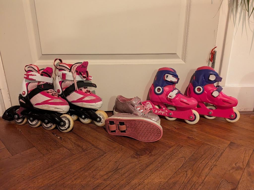roze skates maat 26/27/28 en maat 29/30/31/32 en kinderhelm, Sport en Fitness, Skeelers, Ophalen, Gebruikt