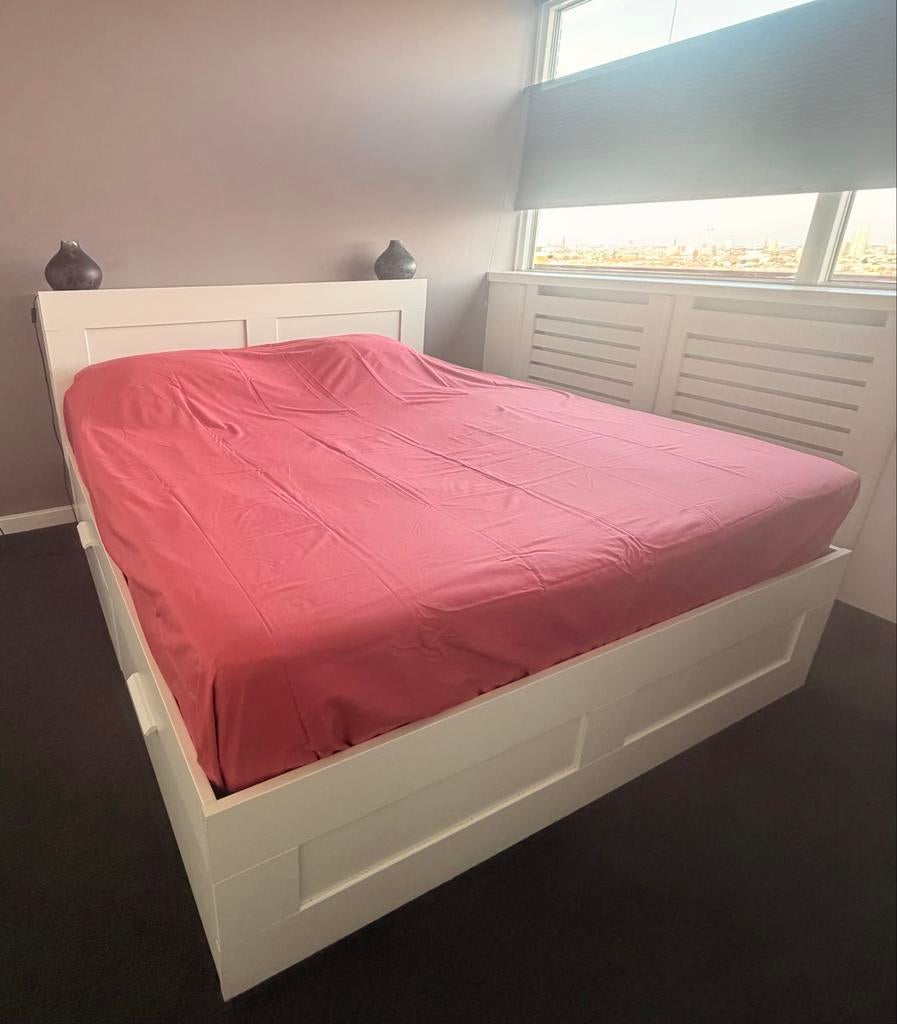 IKEA tweepersoonsbed 180x200 met hoofdsteun en 4 lades, Ophalen, Gebruikt, Wit, Tweepersoons