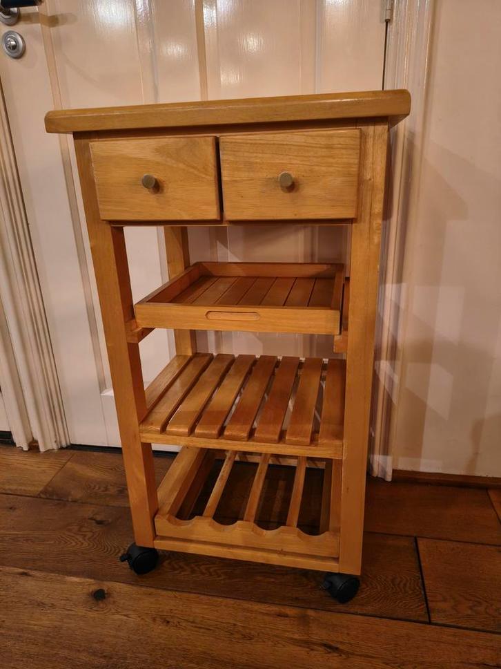 Massief houten keukentrolley met wijnrek en dienblad, Huis en Inrichting, Keuken | Keukenbenodigdheden, Ophalen