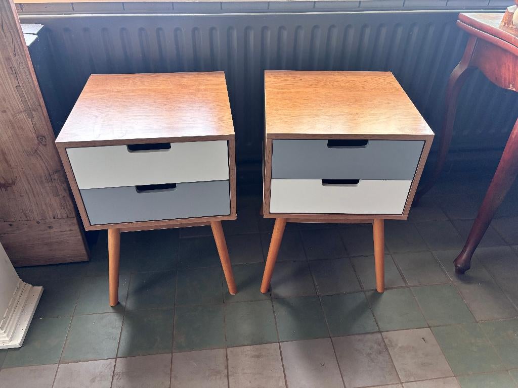 Set Scandinavische Nachtkastjes Eiken-look Wit Grijs Hout, Ophalen, Gebruikt, Minder dan 45 cm, 55 tot 70 cm