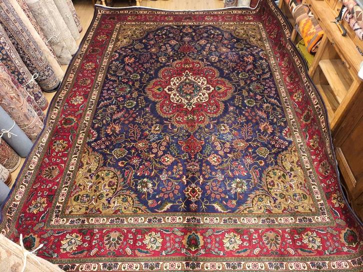 Vintage handgeknoopt perzisch tapijt tabriz 383x294, Huis en Inrichting, Stoffering | Tapijten en Kleden, Gebruikt, 200 cm of meer